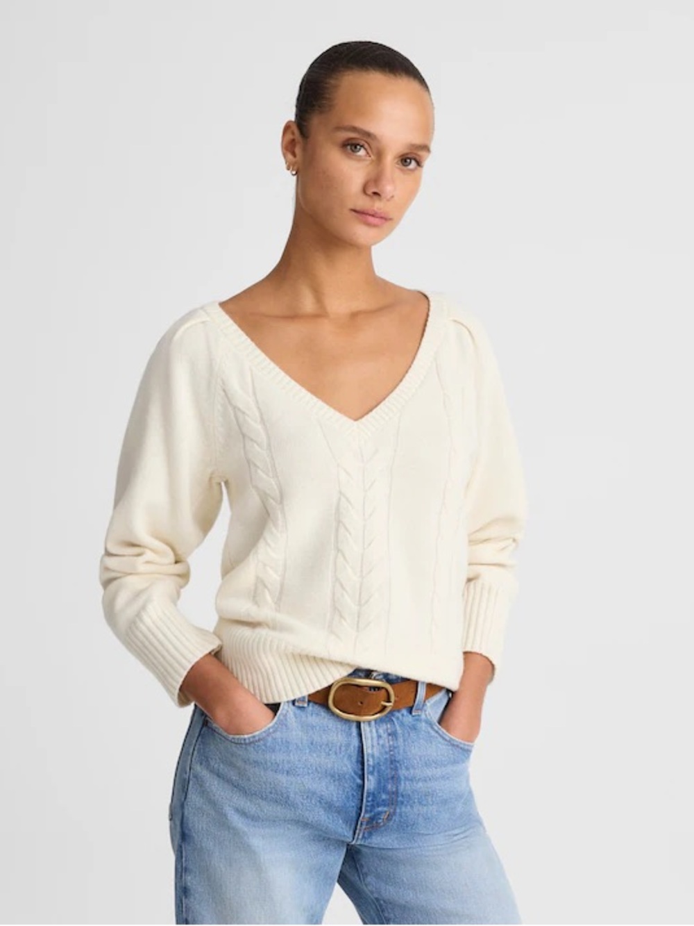 Madewell Cream Wool Cable Knit V-Neck Sweater XXS Ivory Fisherman Quiet Luxury